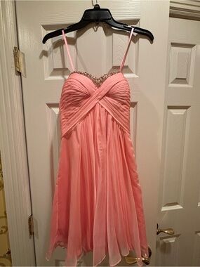 La Femme Pink Strapless Chiffon Party Dress with Beaded Sweetheart
